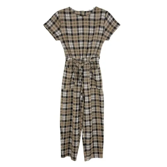 ZARA GIRLS PLAID Brown belted jumpsuit coversuit Size 10 Short Sleeve - Picture 3 of 16